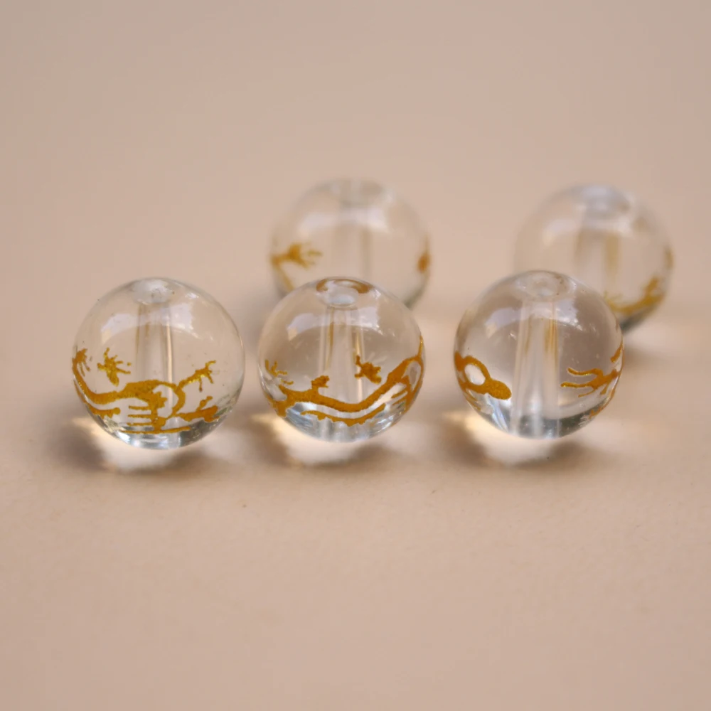 10Pcs 8mm 10mm 12mm Glass Beads Clear Color with Carving Gold Dragon  Fashion Bead For Jewelry Wholesale and Retail DIY Supplies