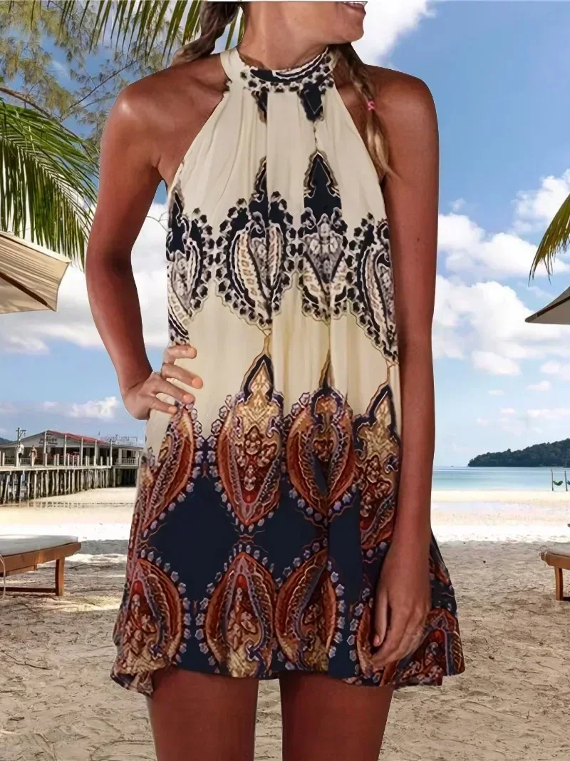 Damskie Plus rozmiar 1XL-5XL Casual luźne sukienki szyfonowe bez rękawów sukienki Boho plażowe Mini sukienki sukienki Boho artystyczne kobiety