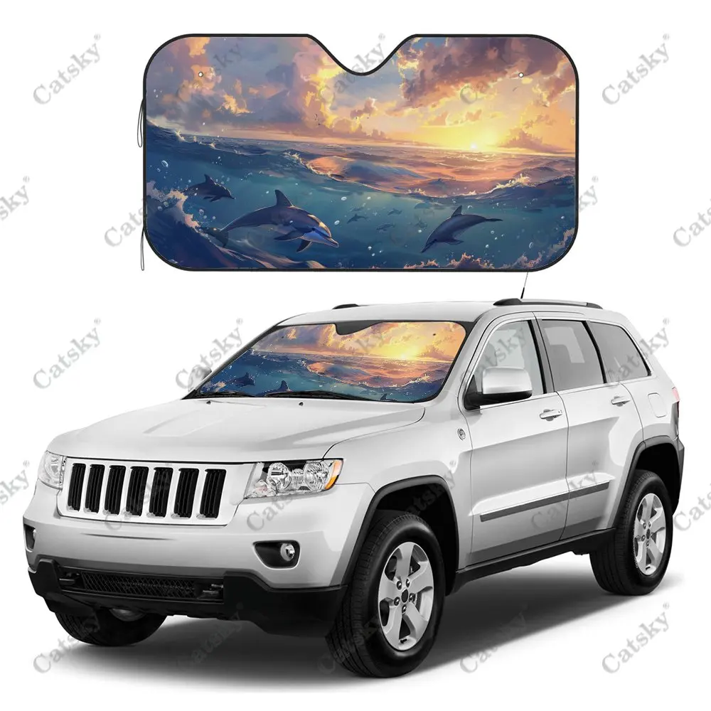 Dolphins Swimming Under Sunset Car Windshield Sunshade, Auto Accessories Front Windshield Sun Visor Blocks Uv Rays Protect Decor