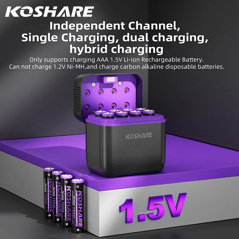 KOSHARE AAA Rechargeable Batteries 1100mWh With 1.5V 8 Slot Smart Li-ion Battery Charger SET Batteries Individually Available