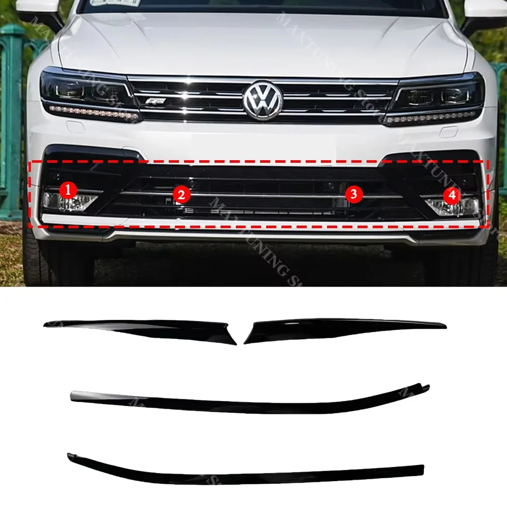 Voor Vw Tiguan MK2 R-Lijn 2017-2021 Voorbumper Koplamp Wenkbrauwen Center Grille Mistlamp Zwart Molding strips Stickers Trim