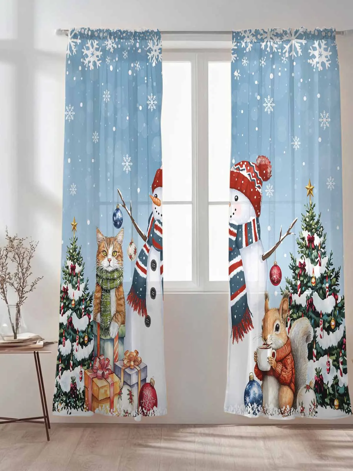 

Sky Blue Christmas Tree Snowman Tulle Sheer Curtains for Living Room Bedroom Kitchen Decoration Voile Organza Curtains