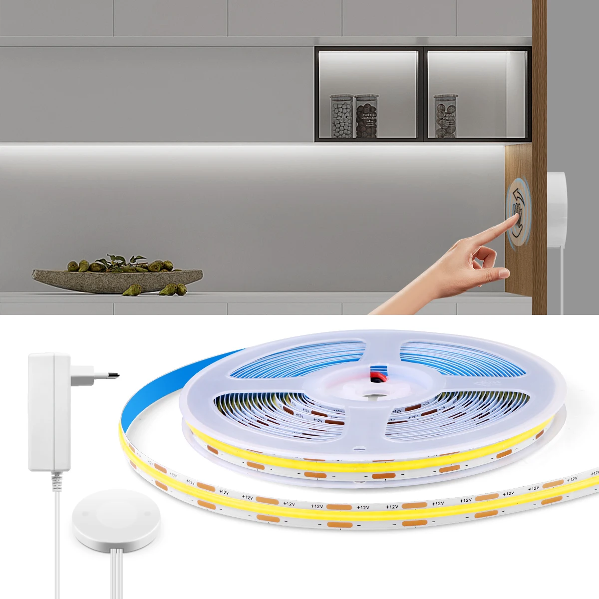 

12V LED Under Cabinet Backlight Light Penetrable Wood Hand Motion Sensor Touch Dimmable Switch COB Strip Night Kitchen Lamp Deco