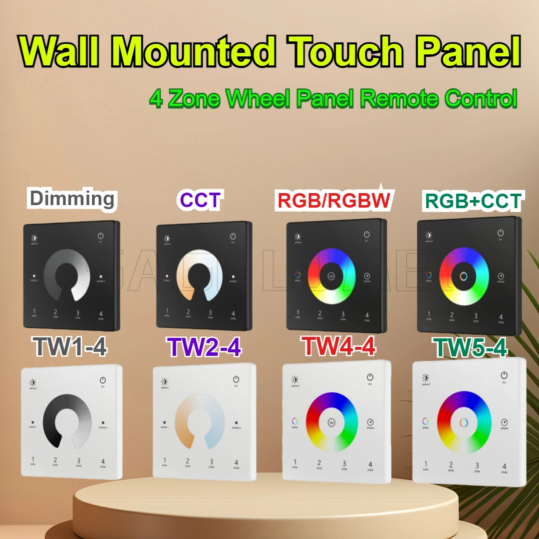 Wall Touch Panel TW1-4/TW2-4/TW4-4/TW5-4 2.4G RF 4 Zone Dimmer Switch Controller for Single Color/RGB RGBW/RGBCCT LEDStrip Light