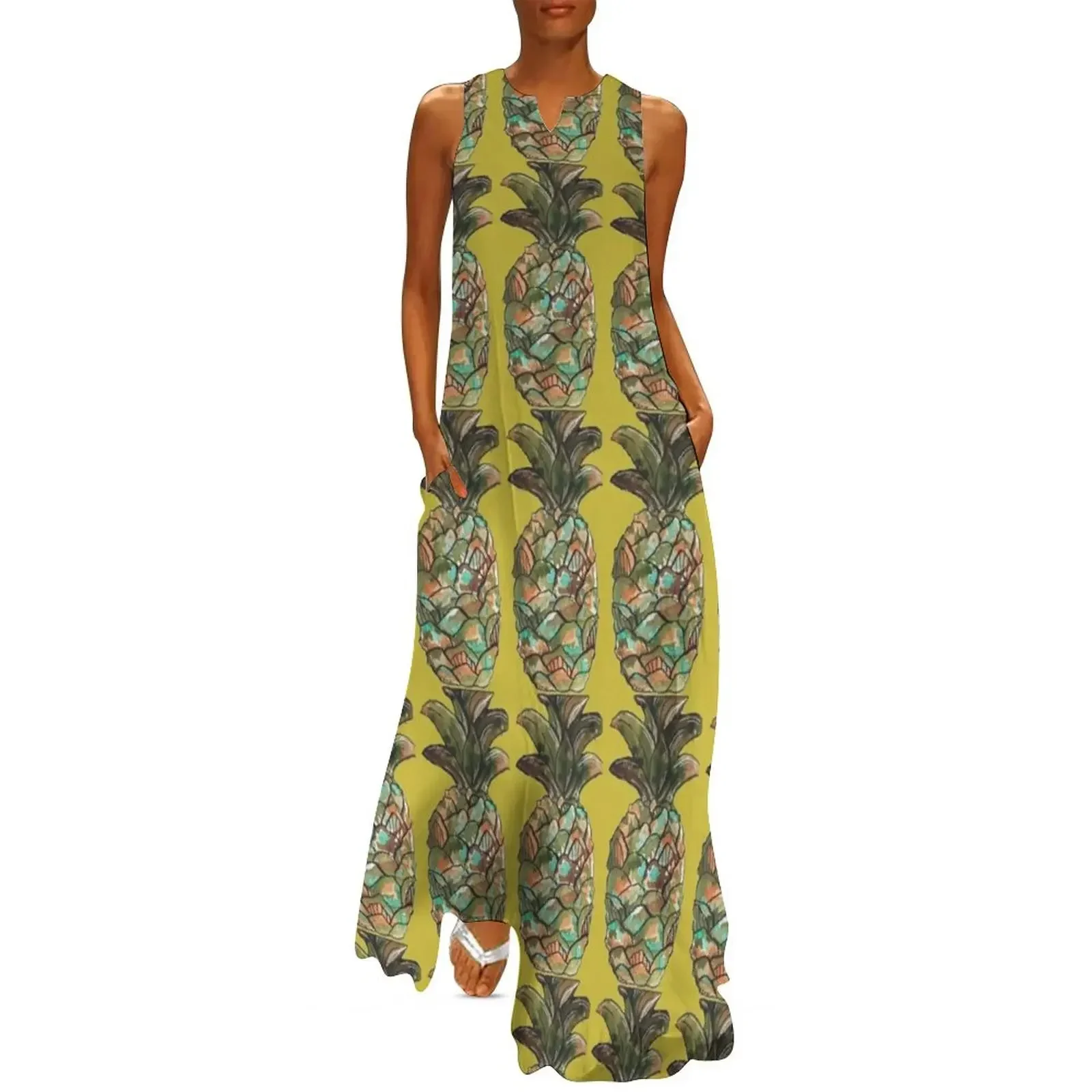 

Watercolor Pineapple Long Dress beach dresses womens clothing clothes Dress