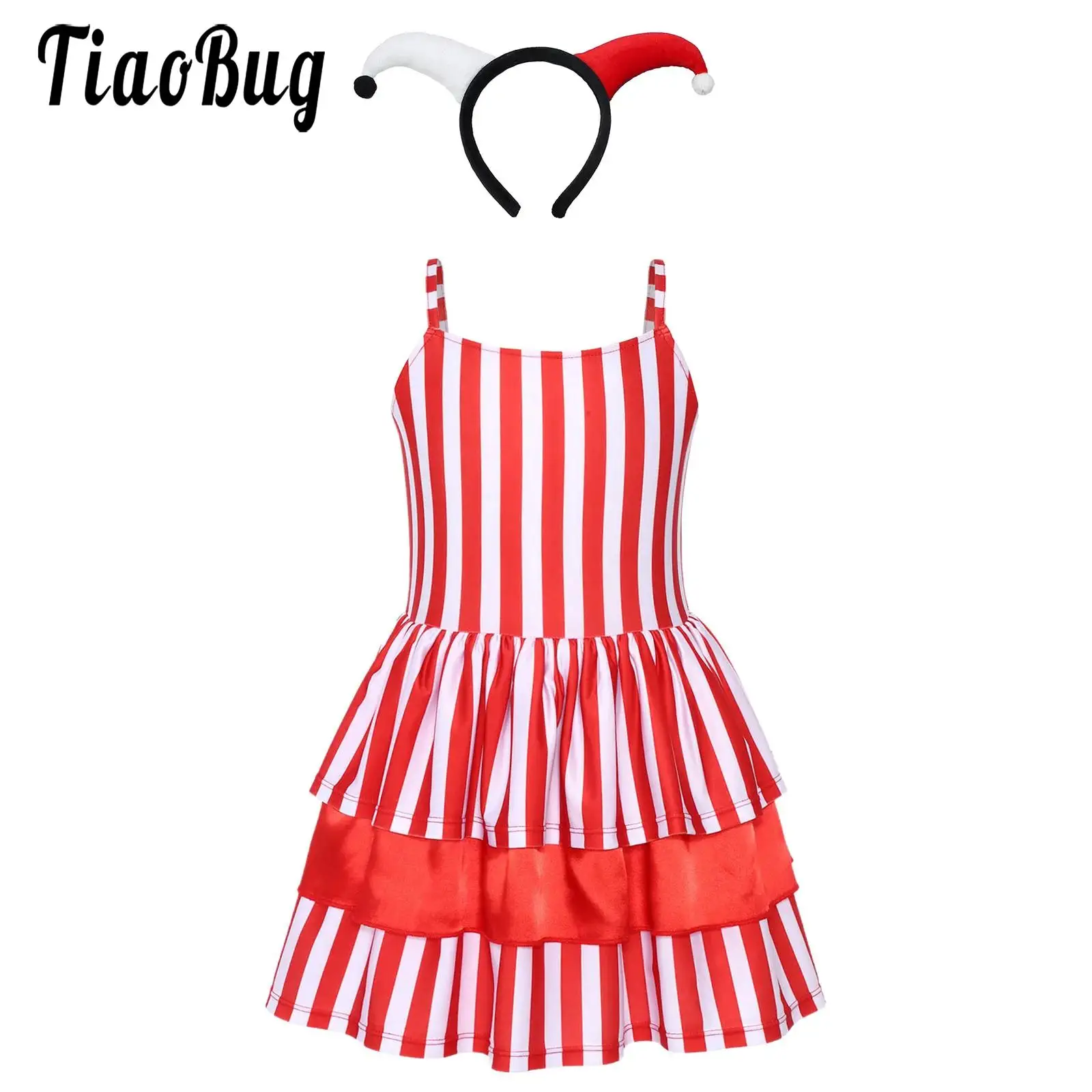

Girls Clown Halloween Costume Sets Striped Tutu Dance Dress Adjustable Straps Bow Layered Ruffle Dress and Crazy Clown Headwear