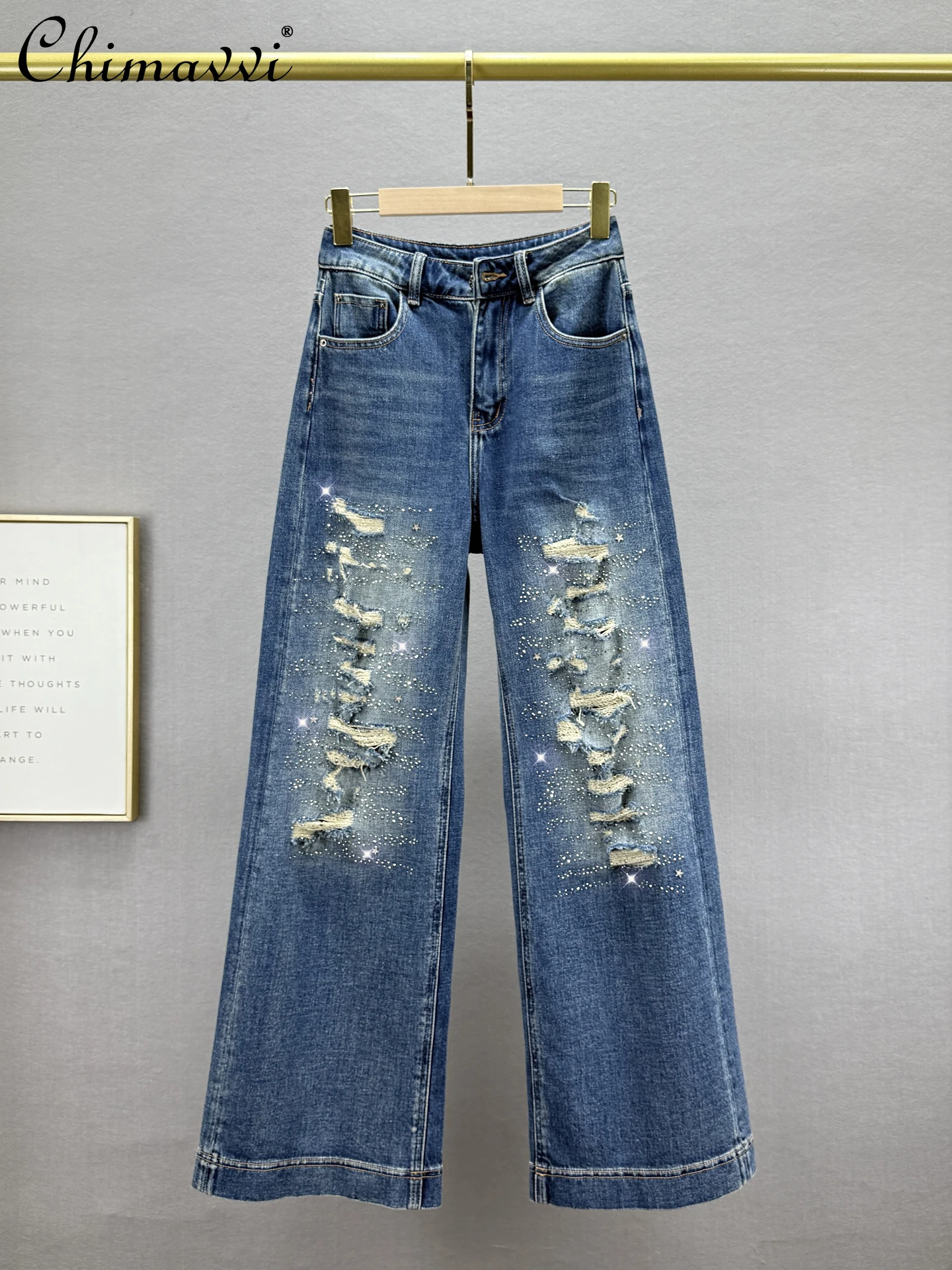 

Fashion Fake Ripped Jeans for Women Wide-Leg Pants Autumn New High-Waisted Loose Slim European Rhinestones Extended Pants