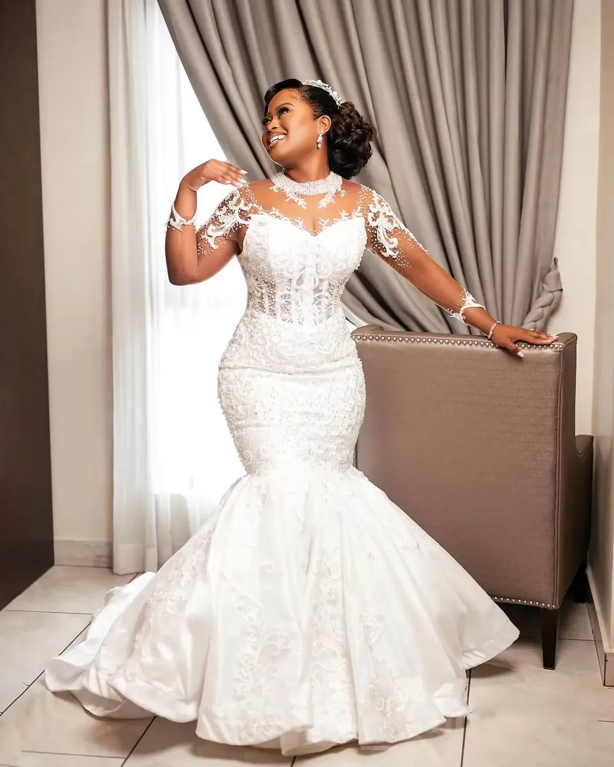 

2025 Custom Saudi Sheer O Neck Mermaid Wedding Dresses Beads Pearls Long Sleeve Bride Formal Dress Lace Appliques Bridal