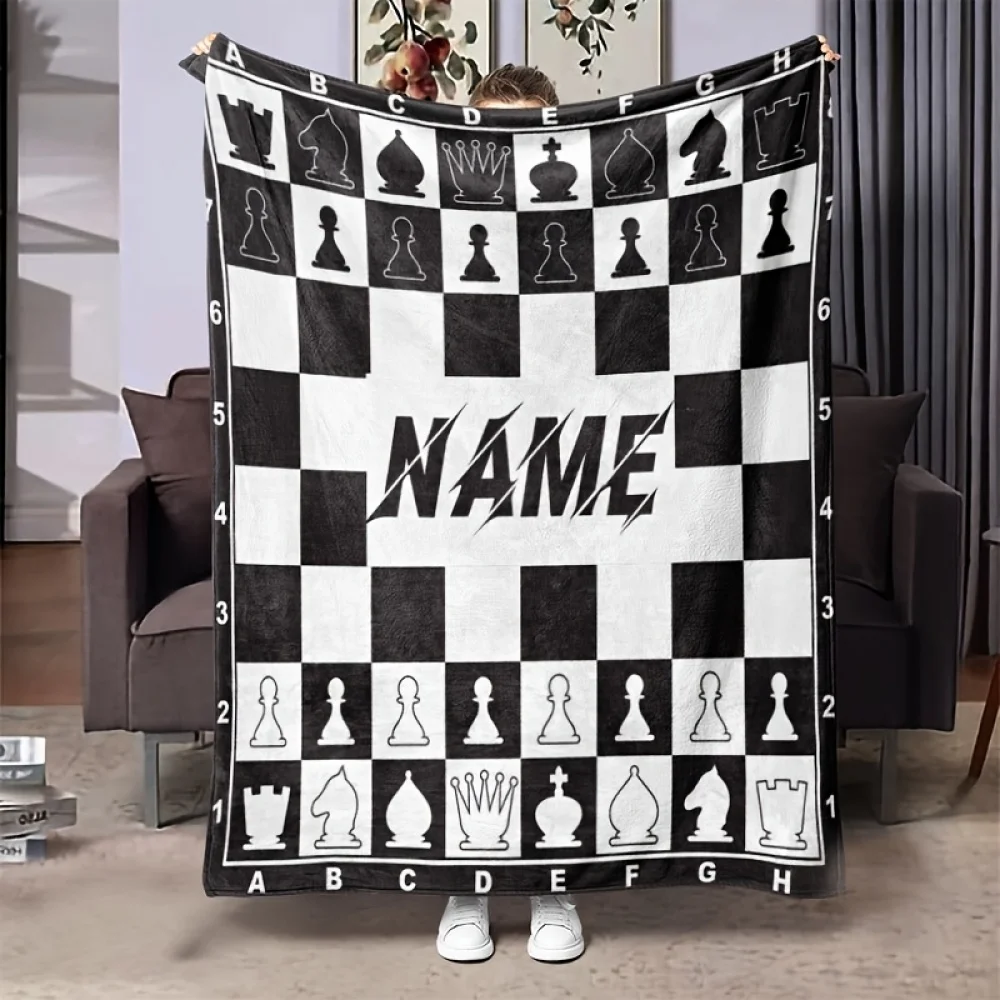 Couverture en flanelle d'échecs avec nom personnalisé, adaptée au canapé, au lit, aux anniversaires, aux enfants, à la famille, aux amis, aux cadeaux