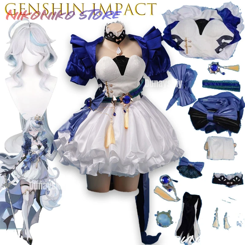 

Game Genshin Impact Furina Cosplay Costume Focalors Dress Furina Blue Waltz Dress For Hallowmas Party Adult Women Role Play