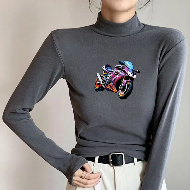 Winter Women's Thermal Brushed Fleece Half Mock Neck Long Sleeve T Shirt Sportbike Colorful Splash Graphic Warm Tee