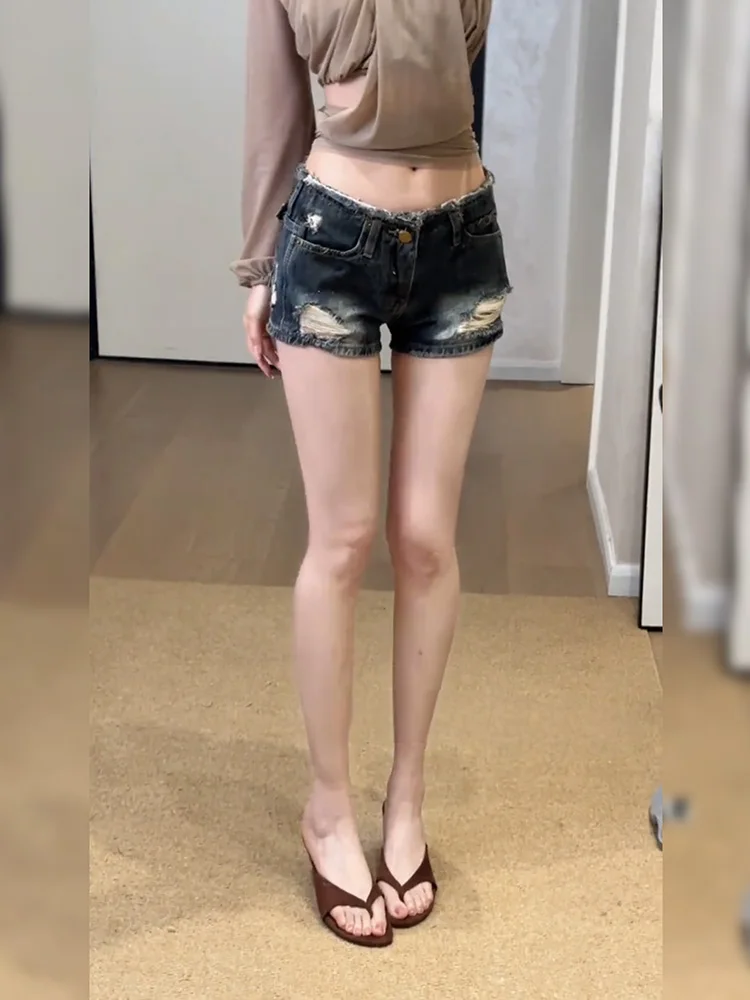 Retro American Street Style Women's Jeans Shorts Washed out Distressed Slim Fit Super Short Summer Spring Denim Skinnies