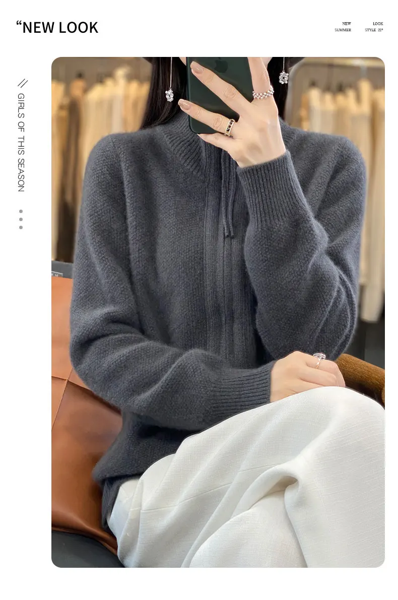 Autumn And Winter New Thick Two-Way Zipper Wool Cardigan Women's Loose Casual Sweater Solid Color Knitted Cashmere Coat