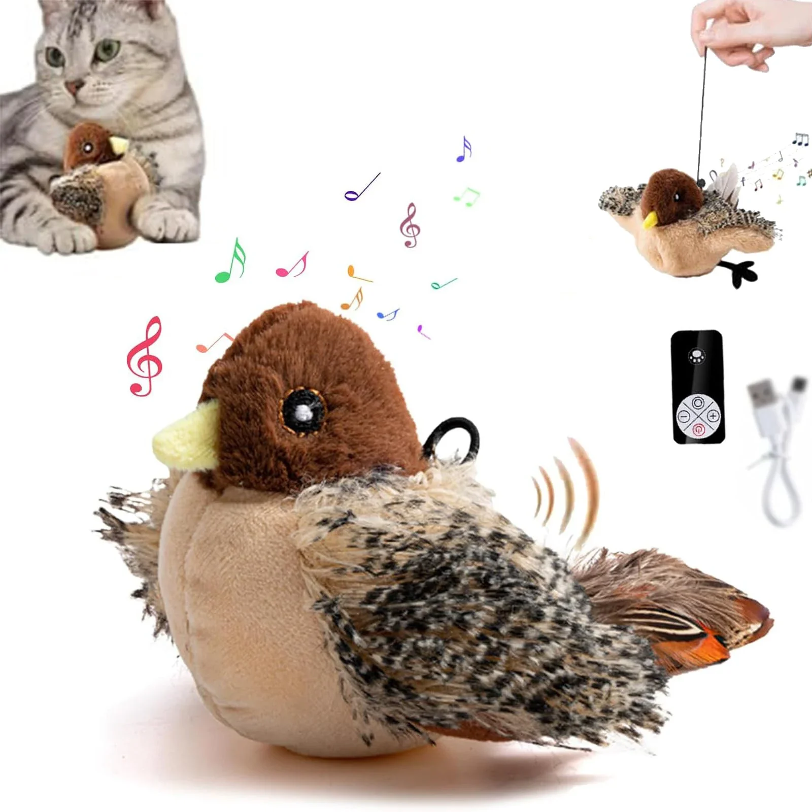 

Cat Toy Interactive Bird 3 Levels Adjustable Simulated Chirping Bird Electric Interactive Toy Soft Plush Cat Flapping Wings Toy