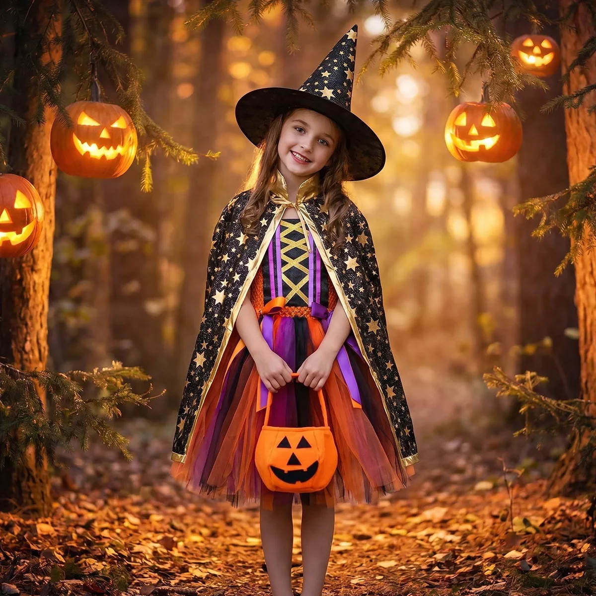 Theeper Orange&PurpleWitch Tulle Tutu Dress Set with Hat Cloak Pumpkin Bag Tiered Mesh Outfit Halloween Stage Performance Attire