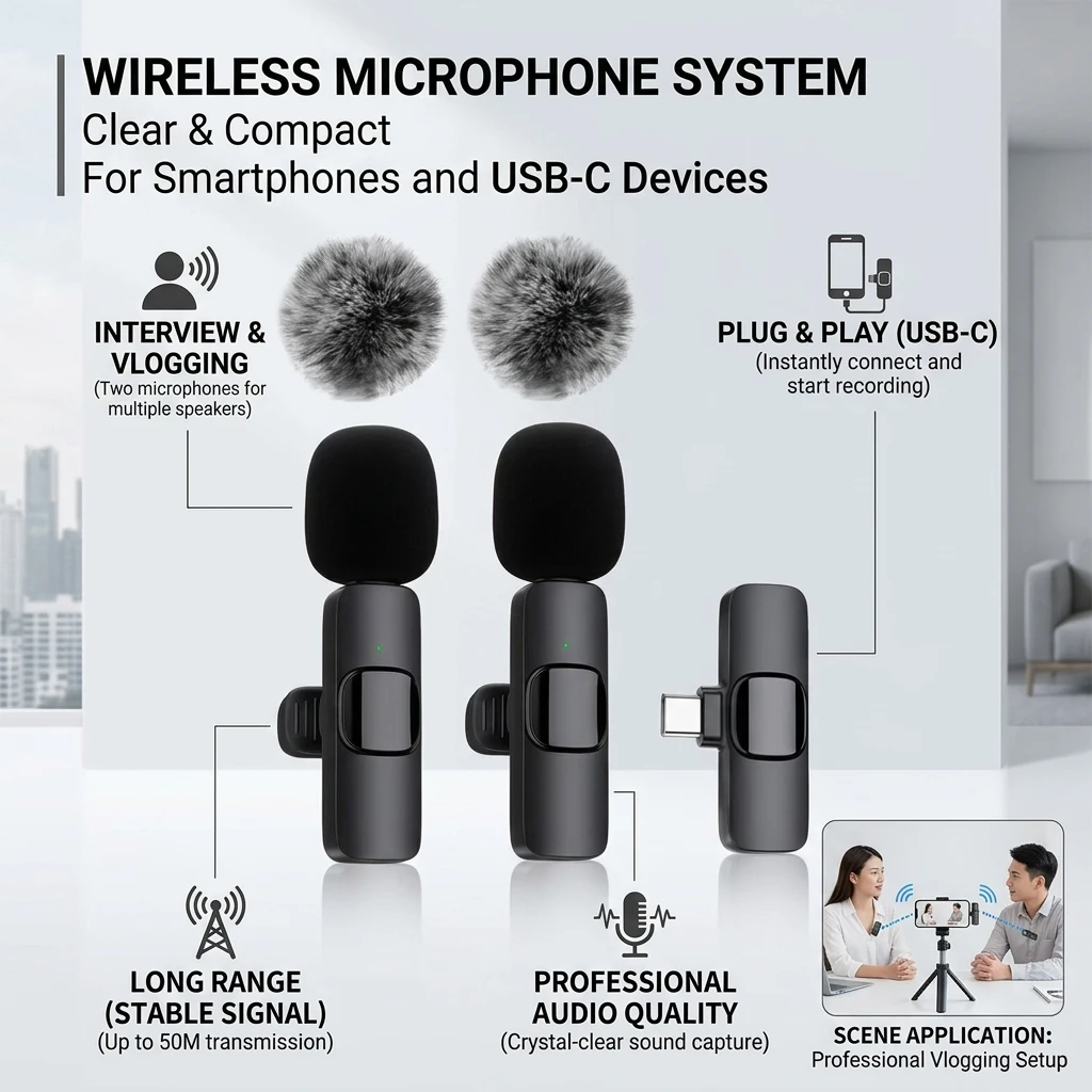 Wireless Lavalier Microphone Set Noise Cancelling Bluetooth One to Two Receiver Outdoor Live Recording Mic for Presentations Lec