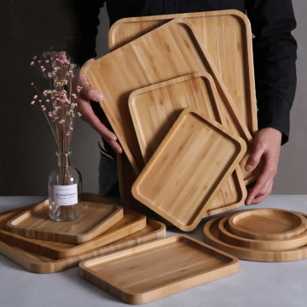 Wooden Bamboo Storage Pallet Household Round Tableware Dessert Dinner Plate Tea Tray Candy Holder Serving Tray