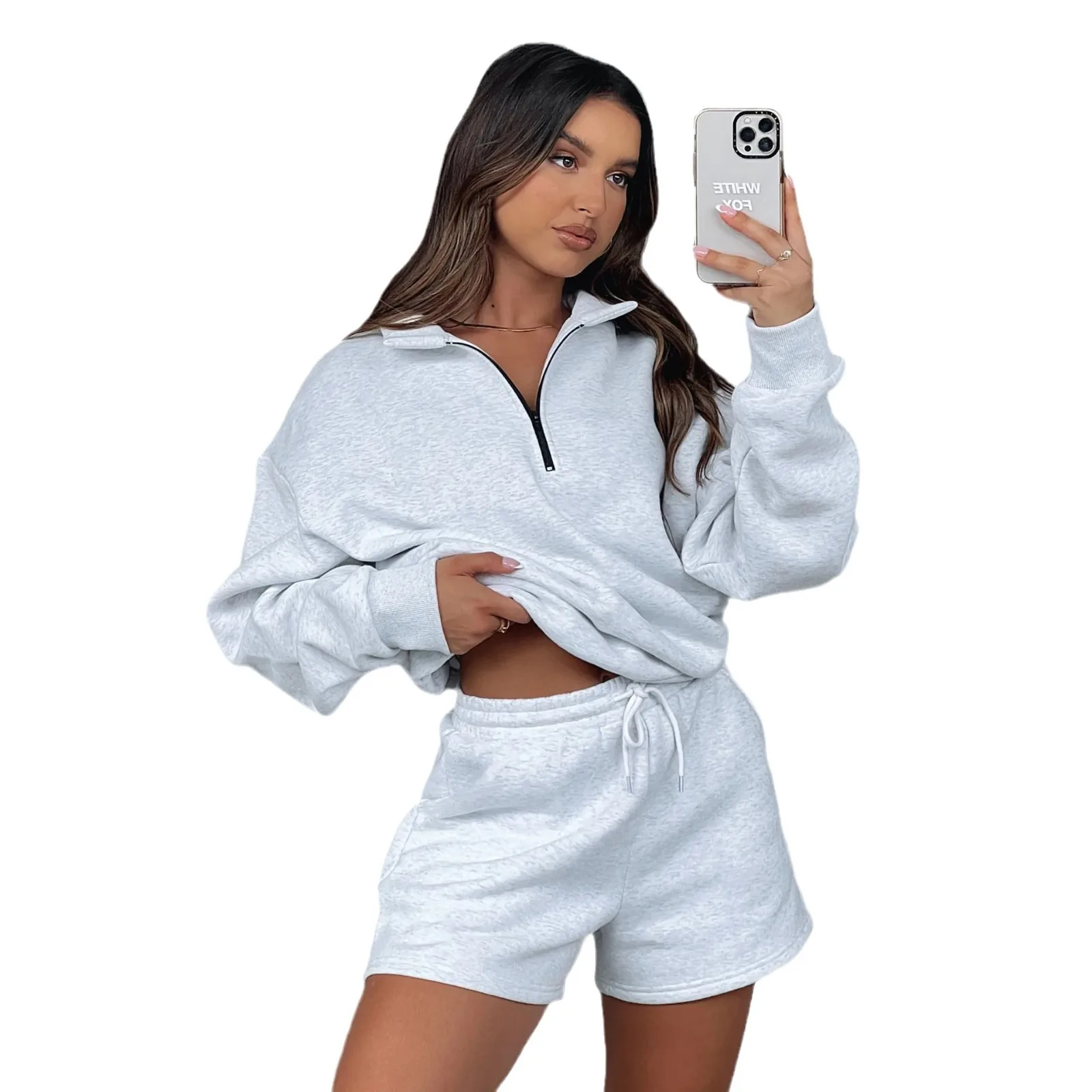 2025 Spring Autumn Women's Clothing Set Female Pullover Half Zipper Sweatshirt + Drawstring Shorts Sport Outfit For Woman