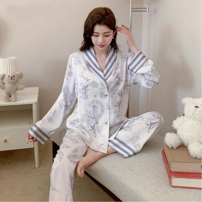 

2025 Spring Autumn Women Collar Chinese Style Ink Print Ice Silk Pajamas Two Piece Set Fashion Long Sleeve Pants Loungewear