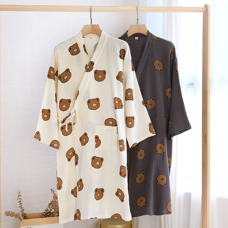 

Japanese 100% Cotton Gauze Ladies Kimono nightgown Pajamas Cute Spring Autumn Thin Crepe Men Large Size Yukata Shower robe