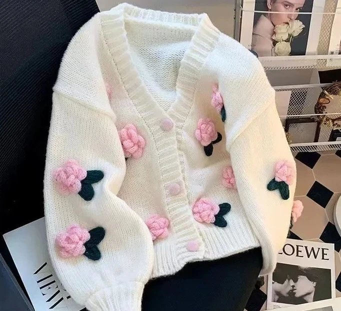 

Flower Knitted Open Cardigan Women's Loose Fit Soft Sweater Jacket Autumn Winter New Arrival Versatile Youthful