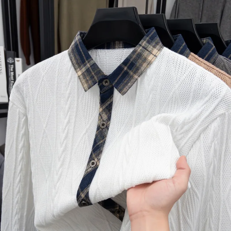 

Men's Color Block Checked Knit Shirt - Casual Slim Fit, Soft Cotton Blend for Office & Daily Wear