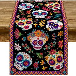 Mexican Day of The Dead Linen Table Runners Kitchen Dinning Table Decor Sugar Skull Table Runners for Dining Party Decor