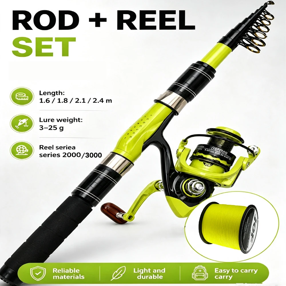 1.6-2.4m Spinning Rod and Reel Short Travel Pole with High Speed 5.2:1 Spinning Reel for Long Casting Fishing Set With Line