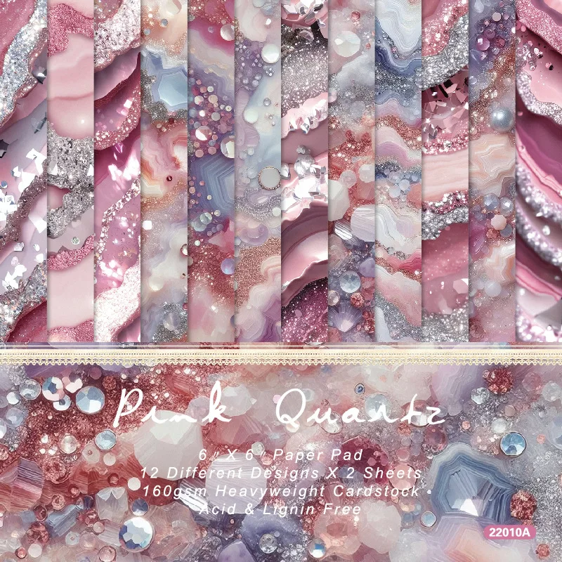 Pink Quartz Agate Glitter Gemstone Marble Print 6x6 Scrapbooking Paper Pad Cardstock DIY Journal Craft Album Handmade Decor