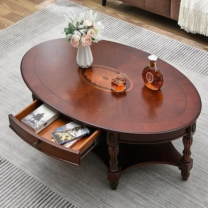 Mesa de centro de madera maciza de cerezo con cajón de almacenamiento, mesa de centro vintage antigua victoriana, fácil montaje, mesas de café