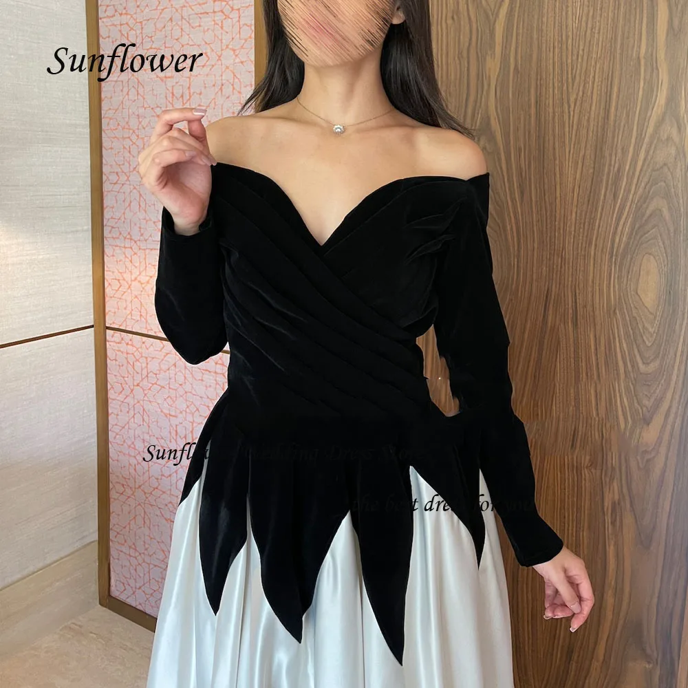 Sunflower Black and White V-Neck Evening Dress 2023 Slim Satin A-LINE Long Sleeve Prom dress Floor-Length Party Dress