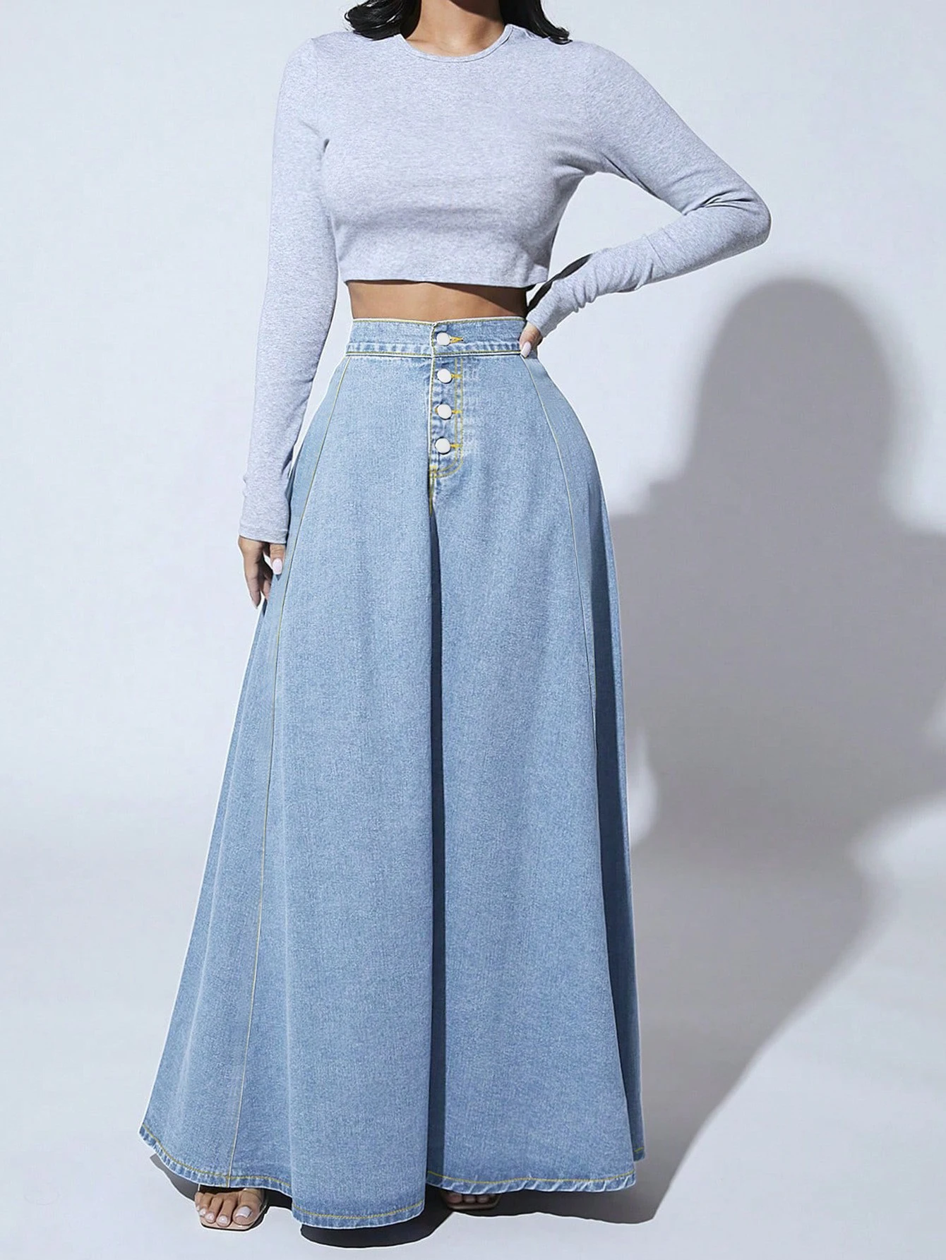 Damen High-Waist Jeans-Maxirock mit Knopfleiste, A-Linie, Vintage, Langer Jeansrock, Lässiger ausgestellter Rock – Detail 3