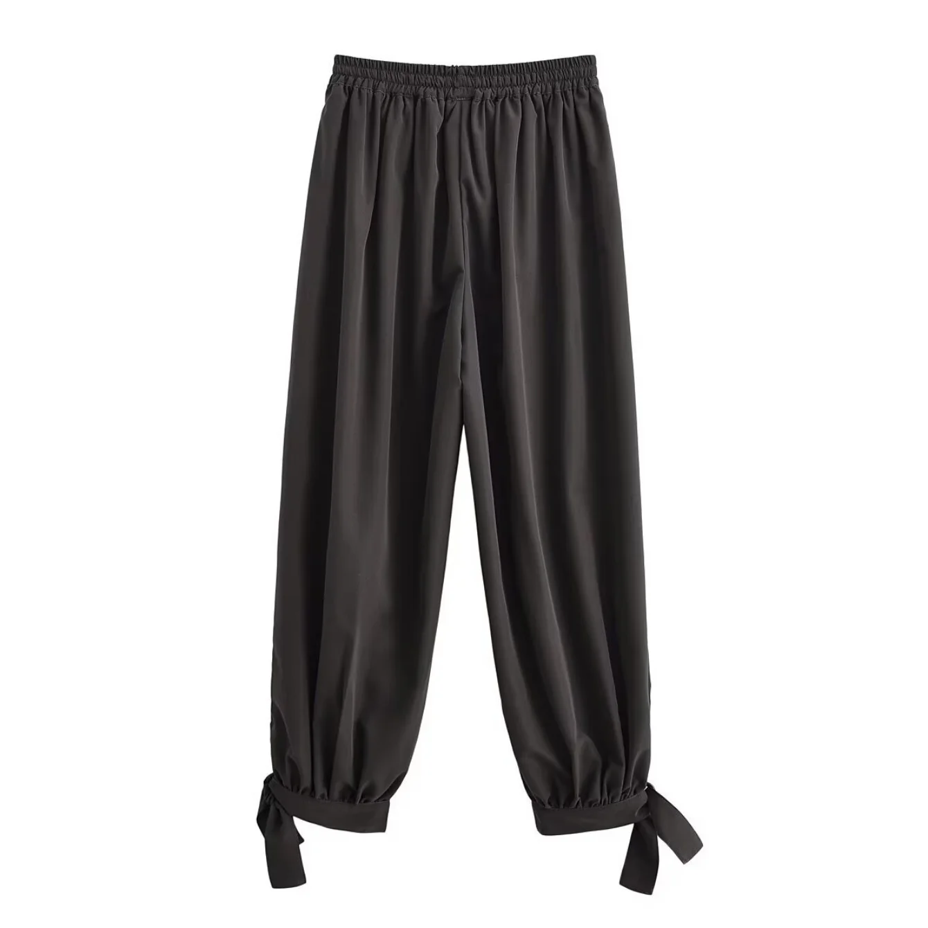 Pantalones acampanados atados con lazo para primavera y otoño para mujer, pantalones con cordones en la cintura liso elástico a la moda para mujer, pantalones de ocio de calle altos para mujer