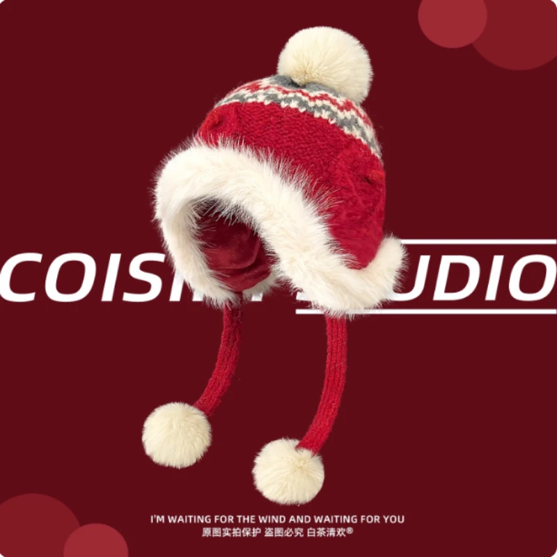 

Корейская сращенная плюшевая жаккардовая шапка для защиты ушей, женская зимняя утолщенная теплая вязаная шапка-бини на шнуровке с помпоном