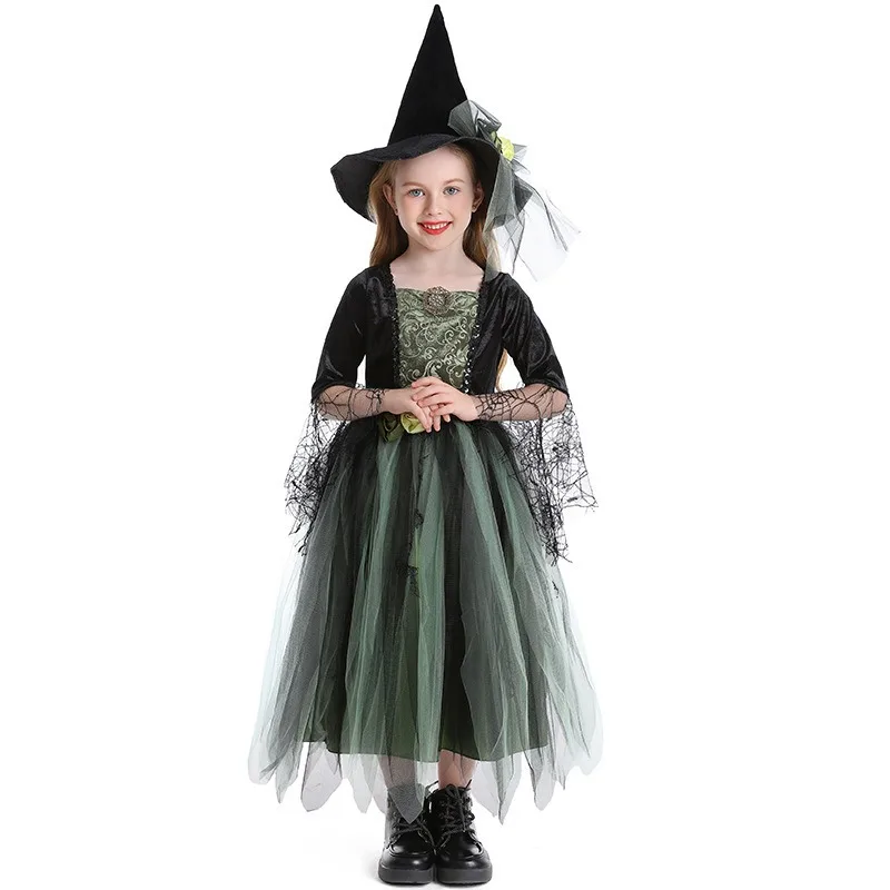 New Halloween Cosplay Costume Witch Children Green Mesh Dress Hat Suits Festival Theme Party Role Playing Outfits for Girls