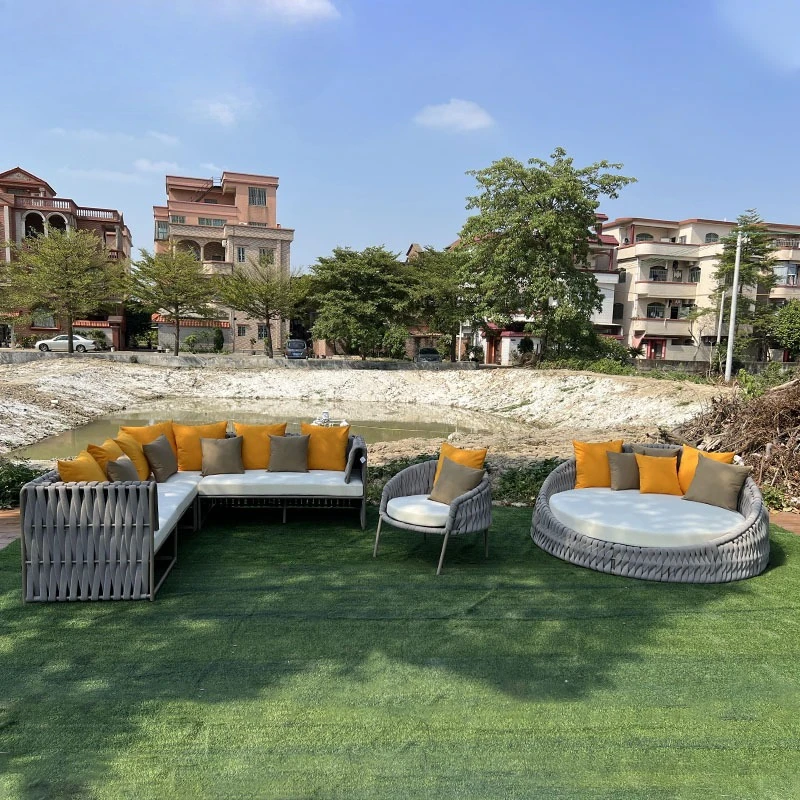 

Outdoor Hotel B & B Scenic Area Rope Weaving Sofa Outdoor Garden Swimming Pool Beach Rattan Art Round Bed Combination