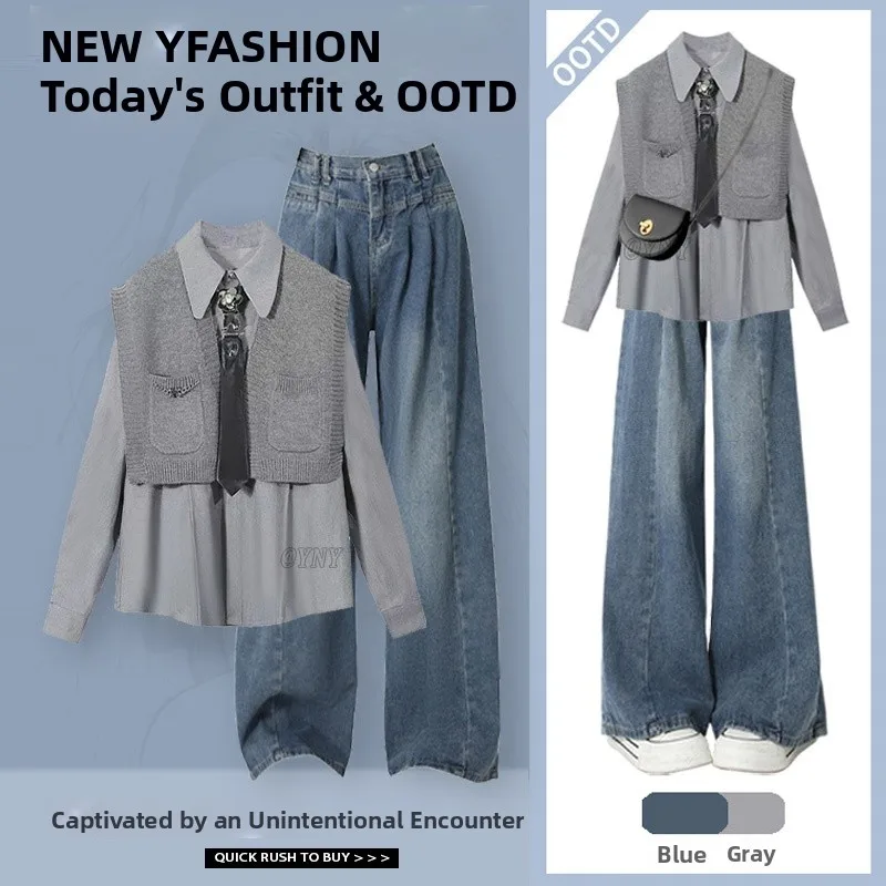 

Early Autumn Faion Set Salt Series Vintage Denim Tie College Sle irt Matching High Waist Pants Women's Polyester Fiber ...