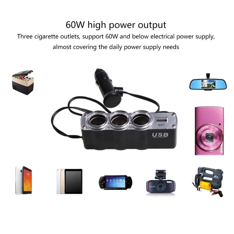 Car Power Distribution 1 to 3 with USB Port, Portable Vehicles Charging Power for Car Accessory