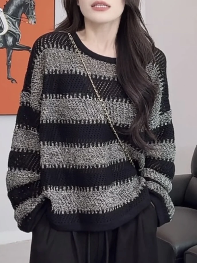 

Повседневный свободный вязаный свитер с длинными рукавами и круглым вырезом для женщин, в полоску, с цветовыми блоками, в расслабленном стиле, удобный осенний топ