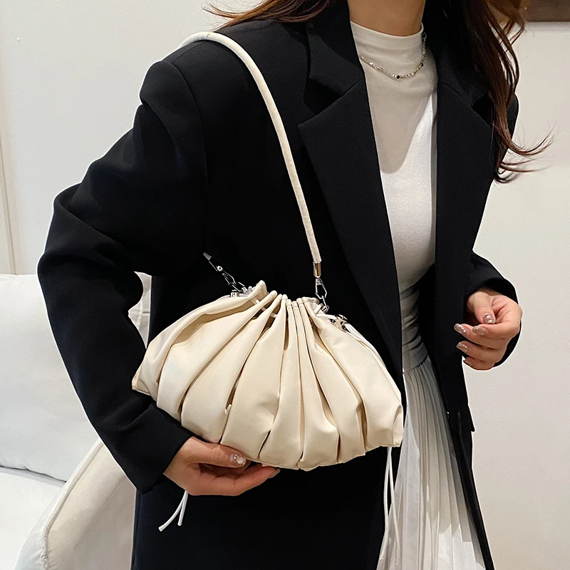 Luxury Silver Shoulder Bag For Women Brand Designer Handbag And Purse 2025 New Striped Pleated Bucket Bag Fashion Clutch Bag