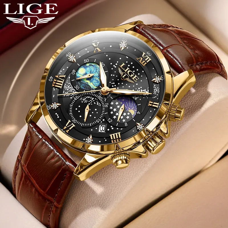 LIGE 2024 Top Luxury Brand Men Genuine Leather Sports Watches Men\'s Army Military Watch Male Date Quartz Clock Relogio Masculino