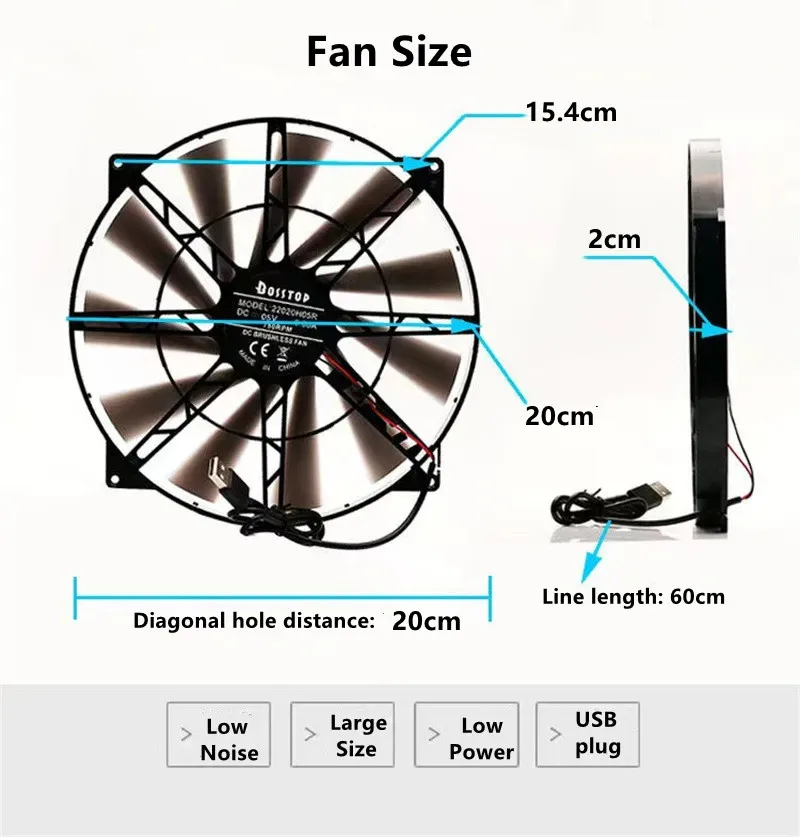 20cm Large Size Exhaust Fan Ultra-quiet 5V Chassis Router USB Cooling Fan Indoor Ventilation Fan Smoking Machine