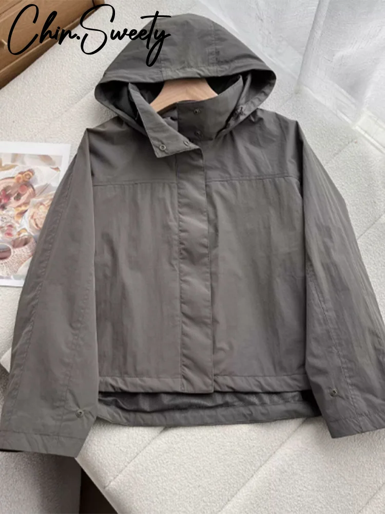 

Elegant Solid Hoody Jacket Women Loose Long Sleeve Stand Collar Zipper All-match Jackets 2025 Autumn Winter Fashion Outwear Lady