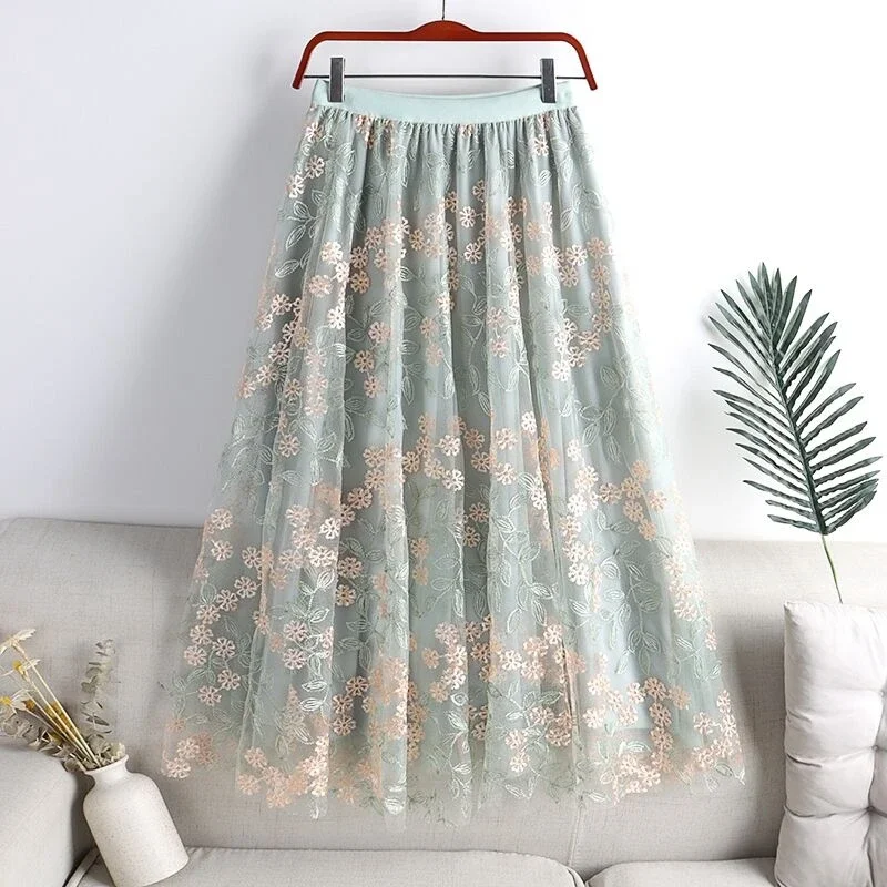 Vintage Embroidery Long Tulle Skirts Women Fashion High Waist Causal Faldas Mujer A Line Korean Style Pleated Midi Skirt L450