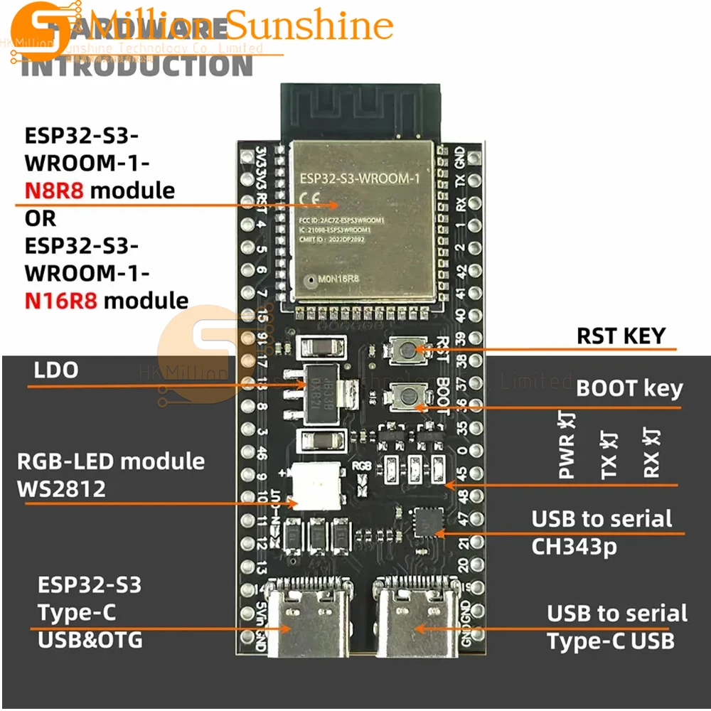 ESP32-S3 Development Board 2.4G Wifi Module for Arduino ESP IDF ESP32-S3-WROOM-1 N8R2 N16R8 44Pin Type-C 8M PSRAM ESP32 S3