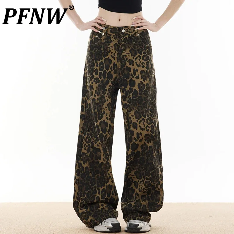 

PFNW Male Leopard Denim Pants American High Street Distressed Loose Wide Leg Straight Vintage Jeans Autumn 2024 Chic New 28W3959