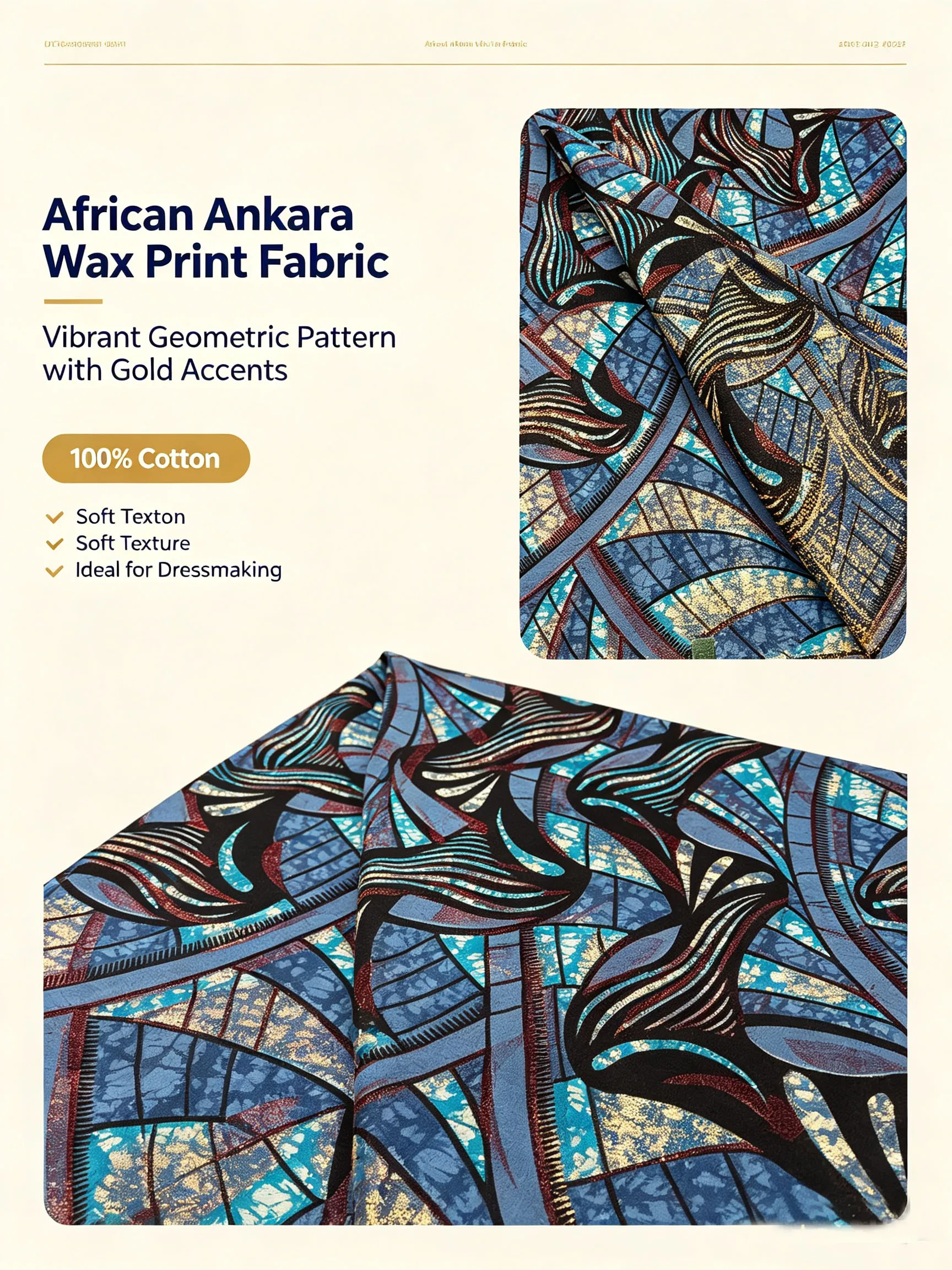 Luxury Golden Glitter African Ankara Wax Fabric 100% Cotton Blue Geometric Print Pagne Hollandais Batik Cloth For Women Dress Se view 2