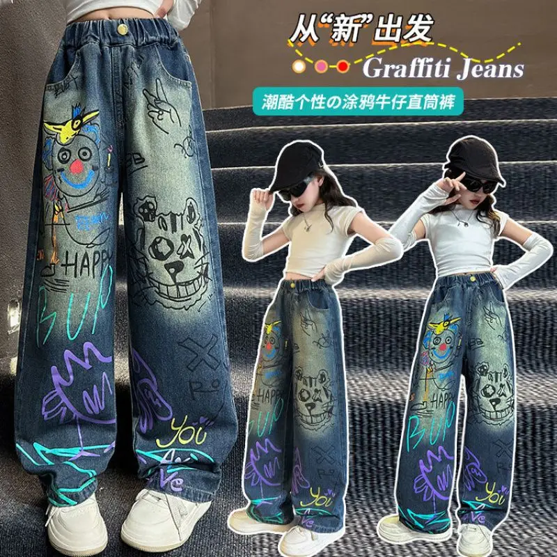 Youthful Graffiti Jeans for Teenagers. Party Blue Energetic Pants. Edgy Girls' Spring Loose Straight-Leg Pants.Hangouts