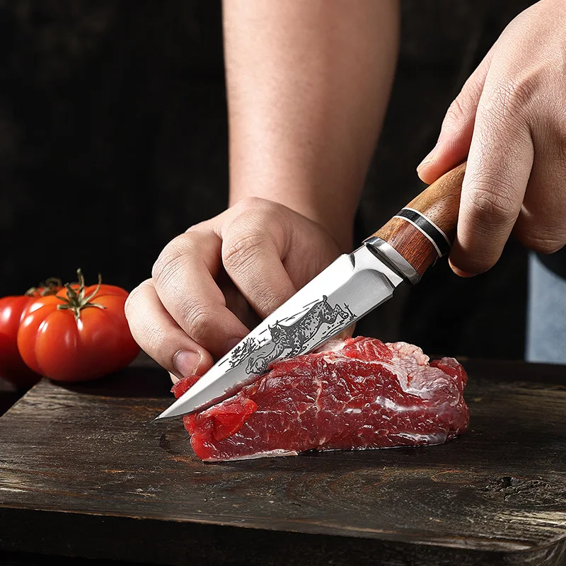 سكين مطبخ بدون عظم، مقبض خشبي مصنوع يدويًا مع سكين مستقيم بشفرة على شكل حيوان، سكين قطع لحم المطبخ والفواكه