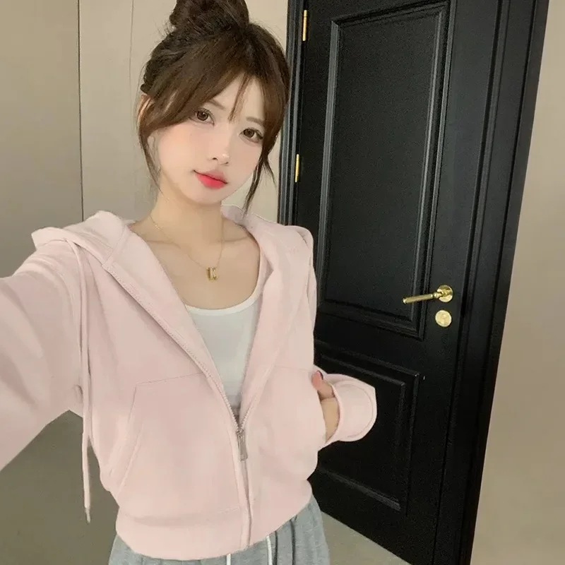 

Hooded Korean Fashion Cropped Sweatshirts Autumn Solid Color Hoodie American Drawstring Pockets Loose Zipper Hoodies Female Y2k